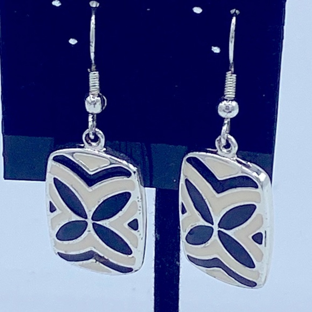 DaVinci Silver Toned With Black And White Enameled Design Pierced Earrings
